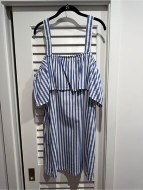 Whit Two Blue & White Stripe Cold-Shoulder Dress with Pockets- Large